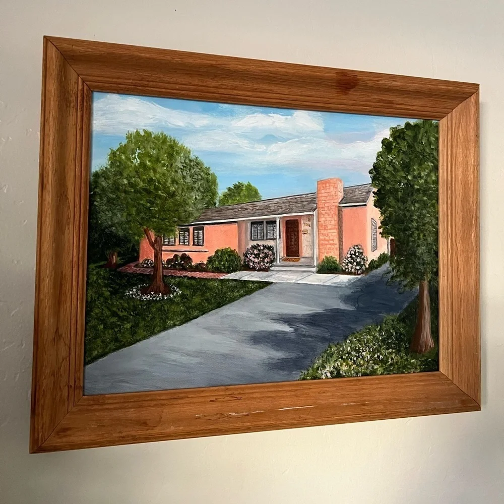 Joline Burk acrylic painting wood framed house artwork